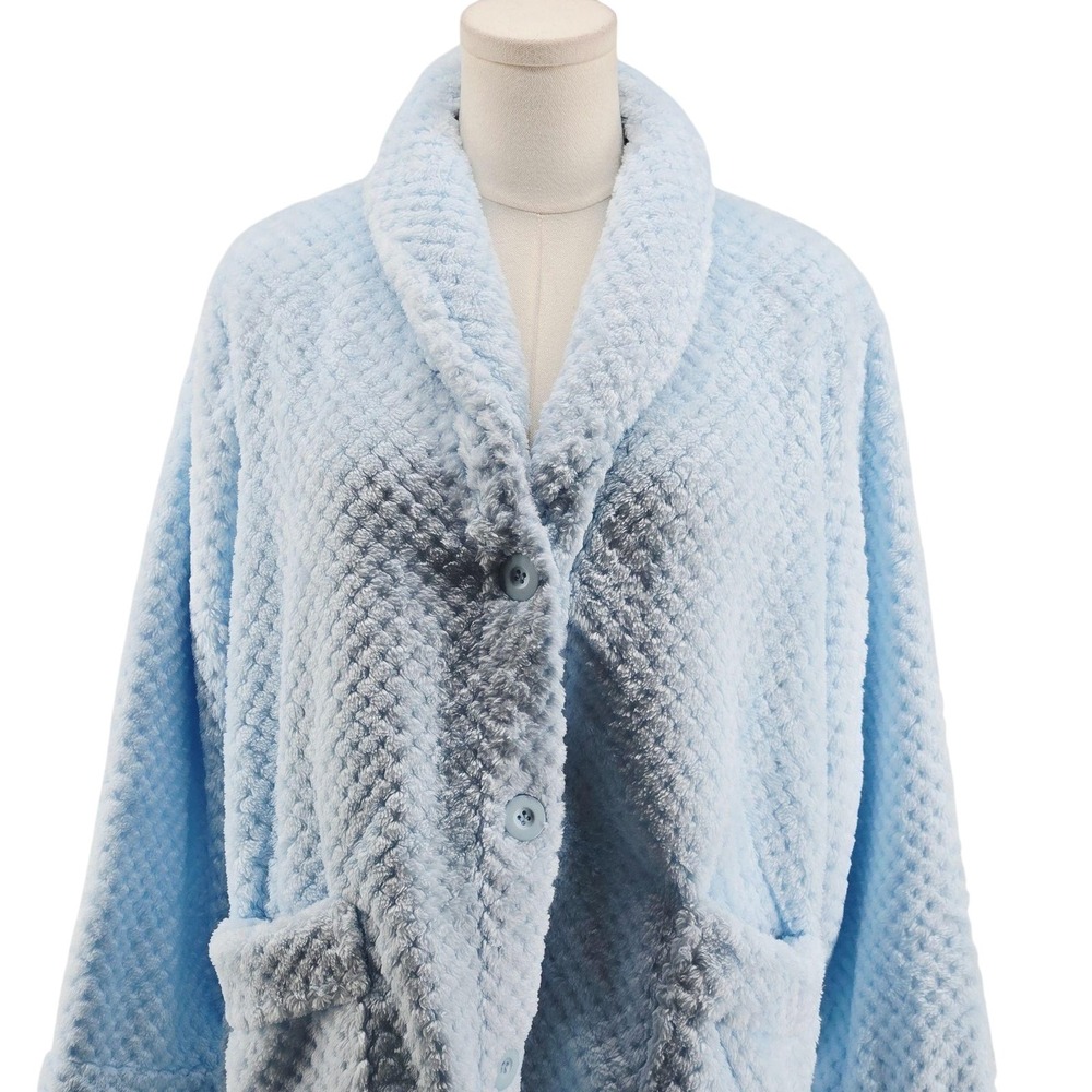 LA CERA Robe Womens L Blue Fleece Button Belted Shawl Collar Cozy Plush Winter